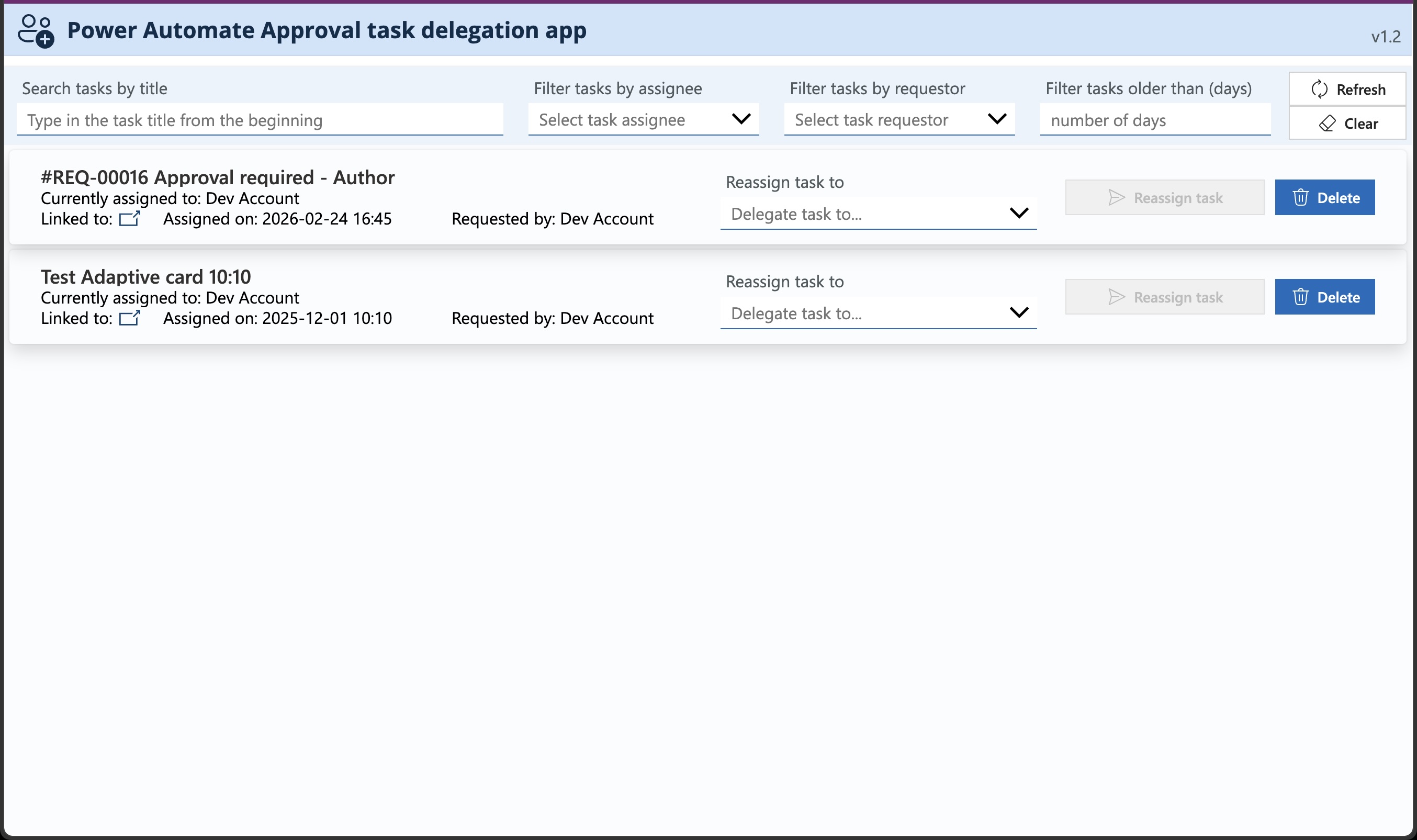 The Power Automate Approval task delegation app showing all open tasks with assignee, requestor, age, and delegation controls