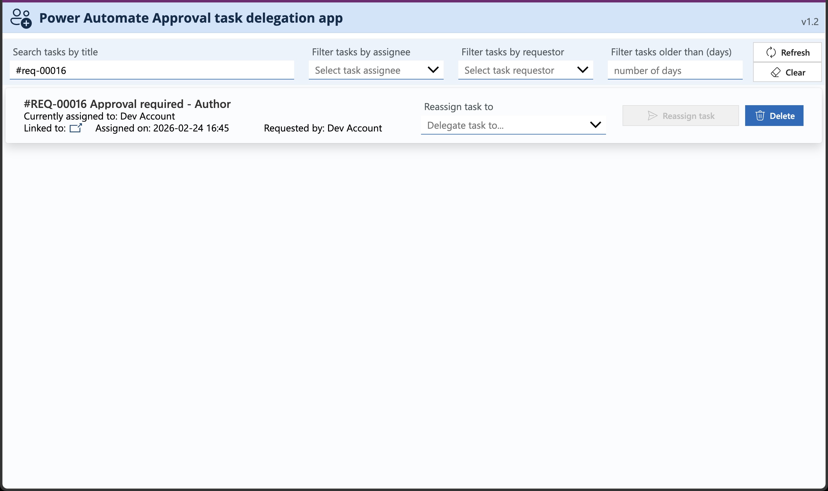 App with search by title active — filtering tasks to a single result by typing part of the task name