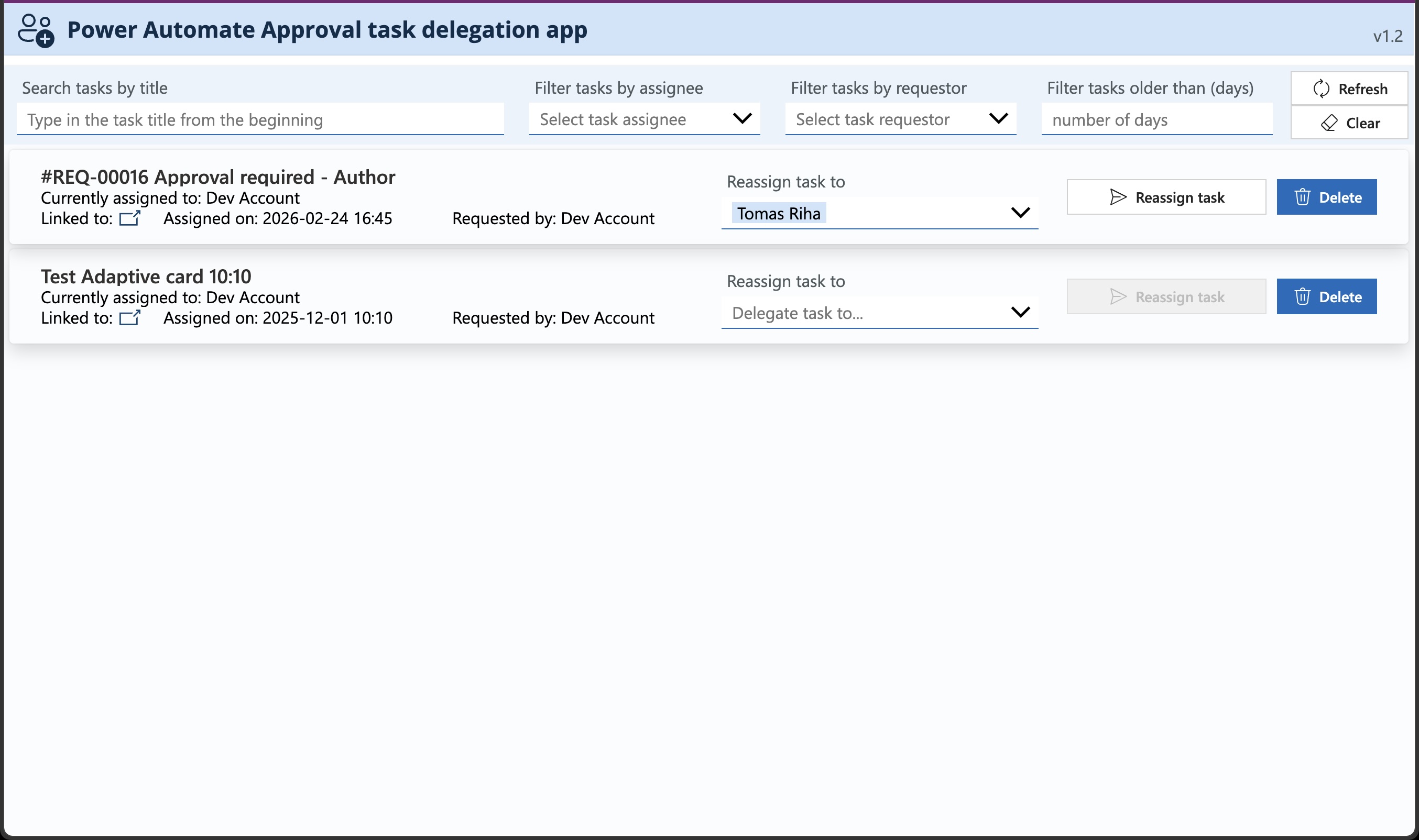 Single task selected with Tomas Riha chosen in the delegate-to dropdown and Reassign task button active