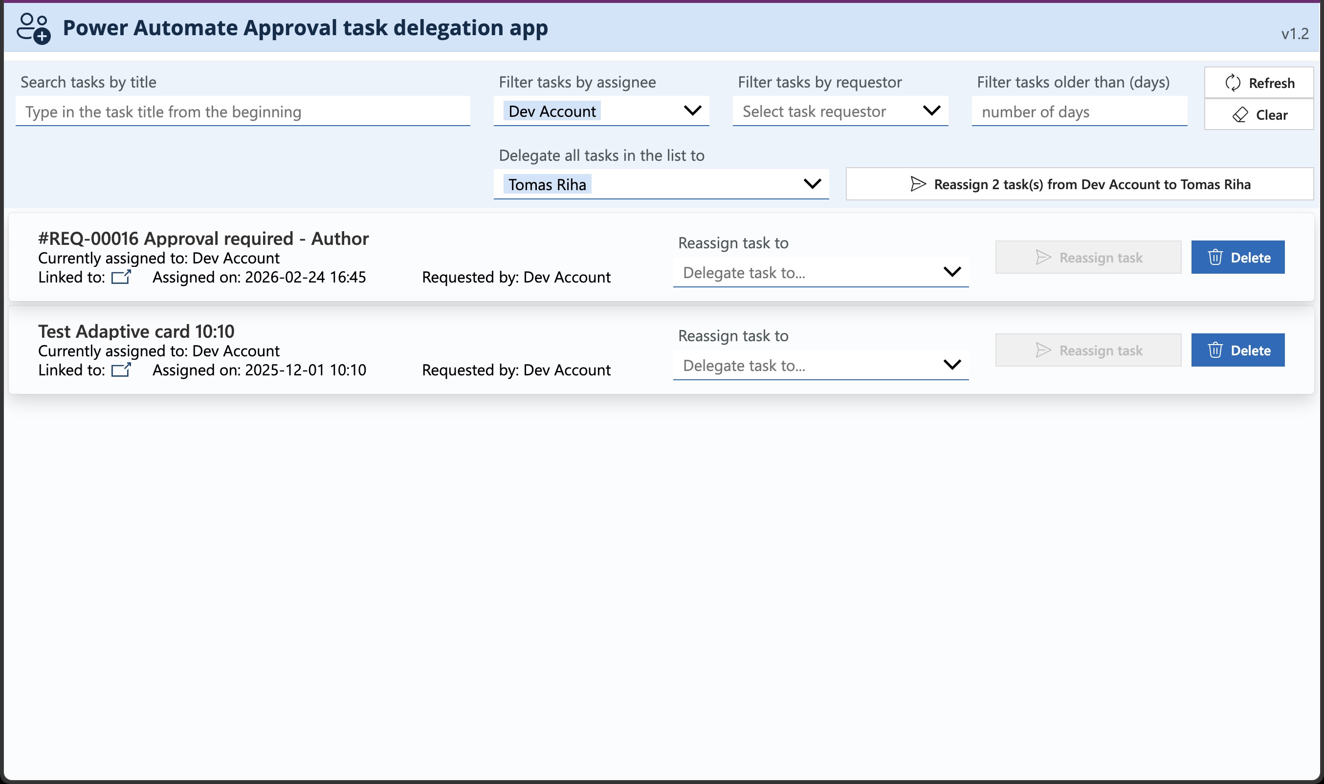 Batch delegation — filtered by assignee with Delegate all tasks in the list to Tomas Riha and Reassign 2 tasks button